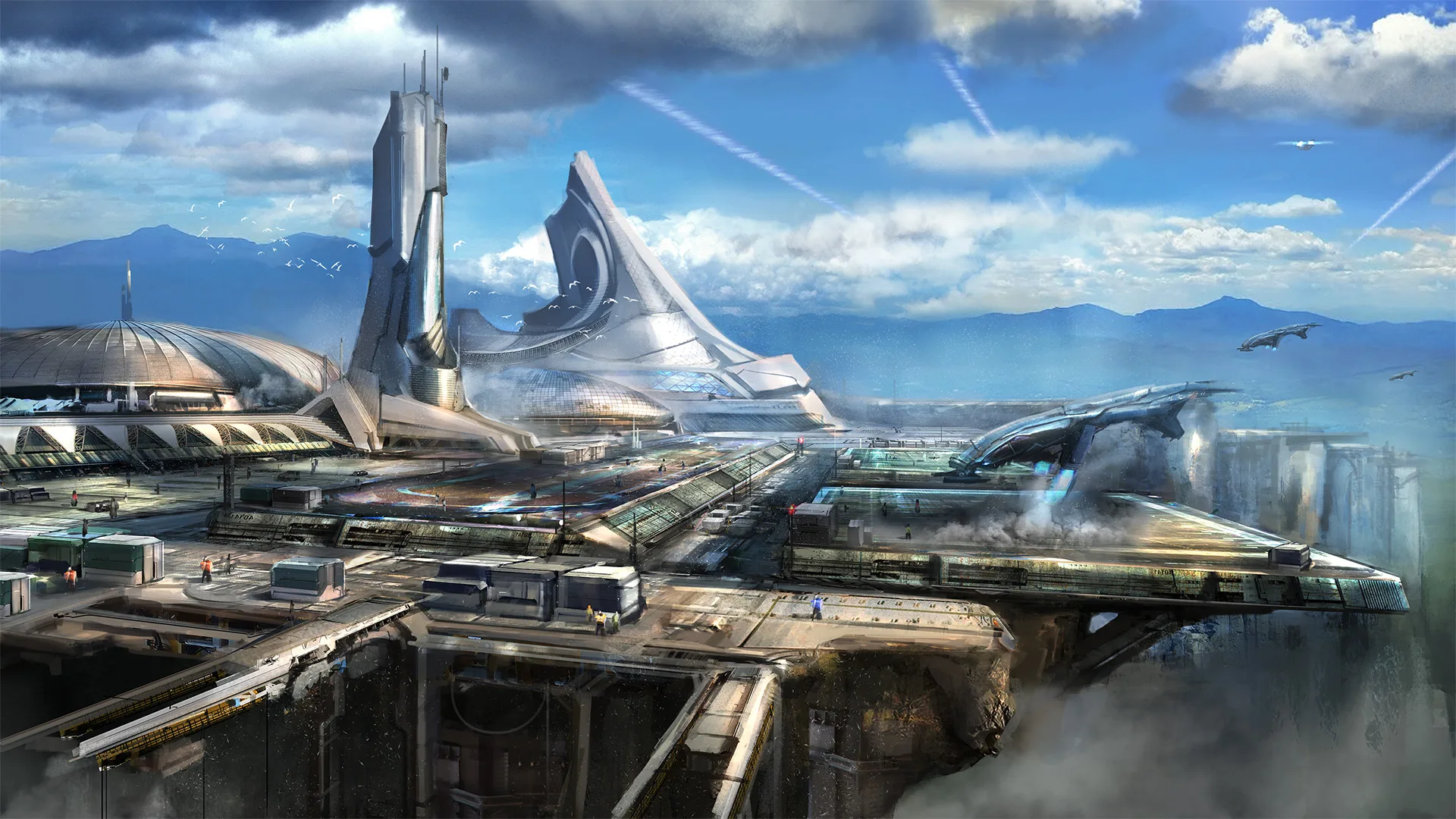 A bright futuristic city overlooking the mountains